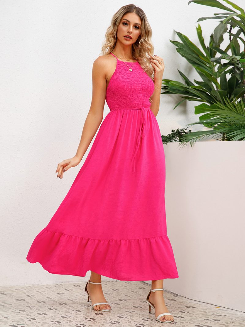 Damen-partykleid Neckholder Offener Rücken Plissierte Vorderseite Gestufte Midi-kleider Mit Gürtel - Rose