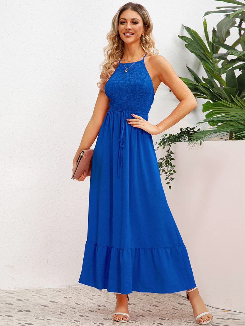 Damen-partykleid Neckholder Offener Rücken Plissierte Vorderseite Gestufte Midi-kleider Mit Gürtel - Blau