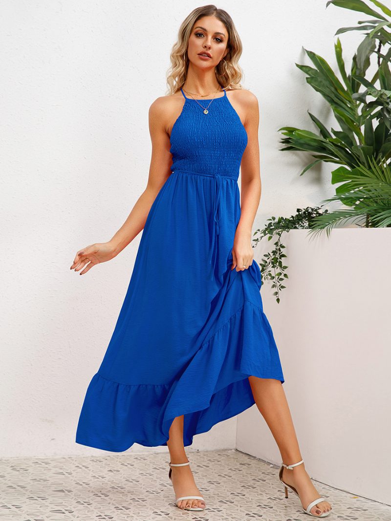 Damen-partykleid Neckholder Offener Rücken Plissierte Vorderseite Gestufte Midi-kleider Mit Gürtel - Blau