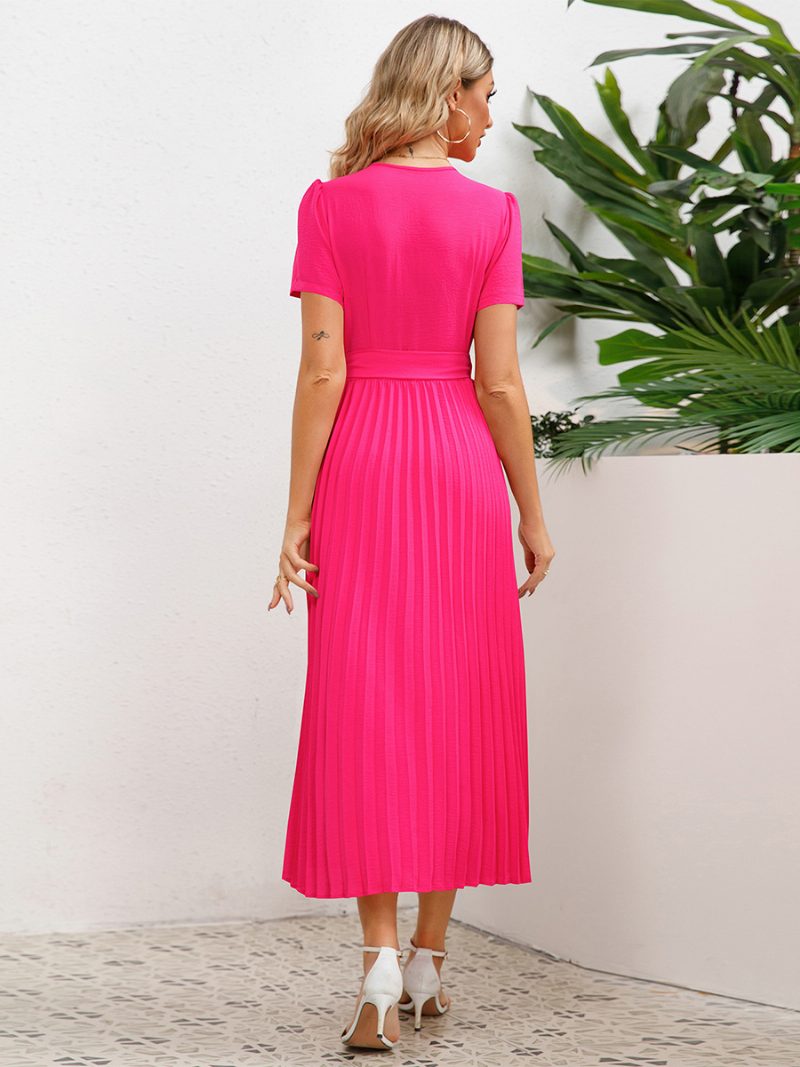 Damen-partykleid V-ausschnitt Kurze Ärmel Gerüscht A-linie Cocktailkleid Midi-kleider - Rose