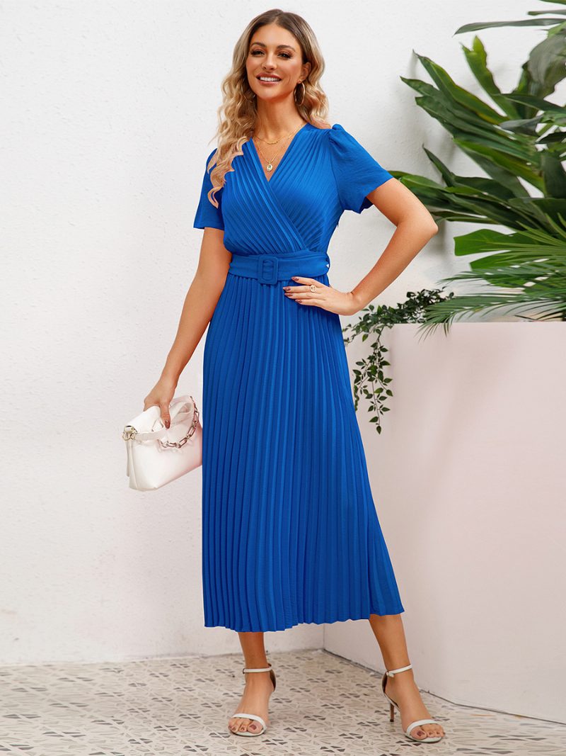 Damen-partykleid V-ausschnitt Kurze Ärmel Gerüscht A-linie Cocktailkleid Midi-kleider - Blau