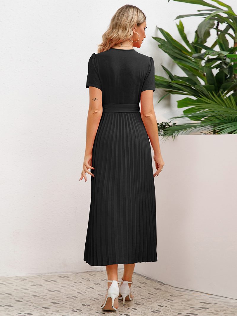 Damen-partykleid V-ausschnitt Kurze Ärmel Gerüscht A-linie Cocktailkleid Midi-kleider - Schwarz