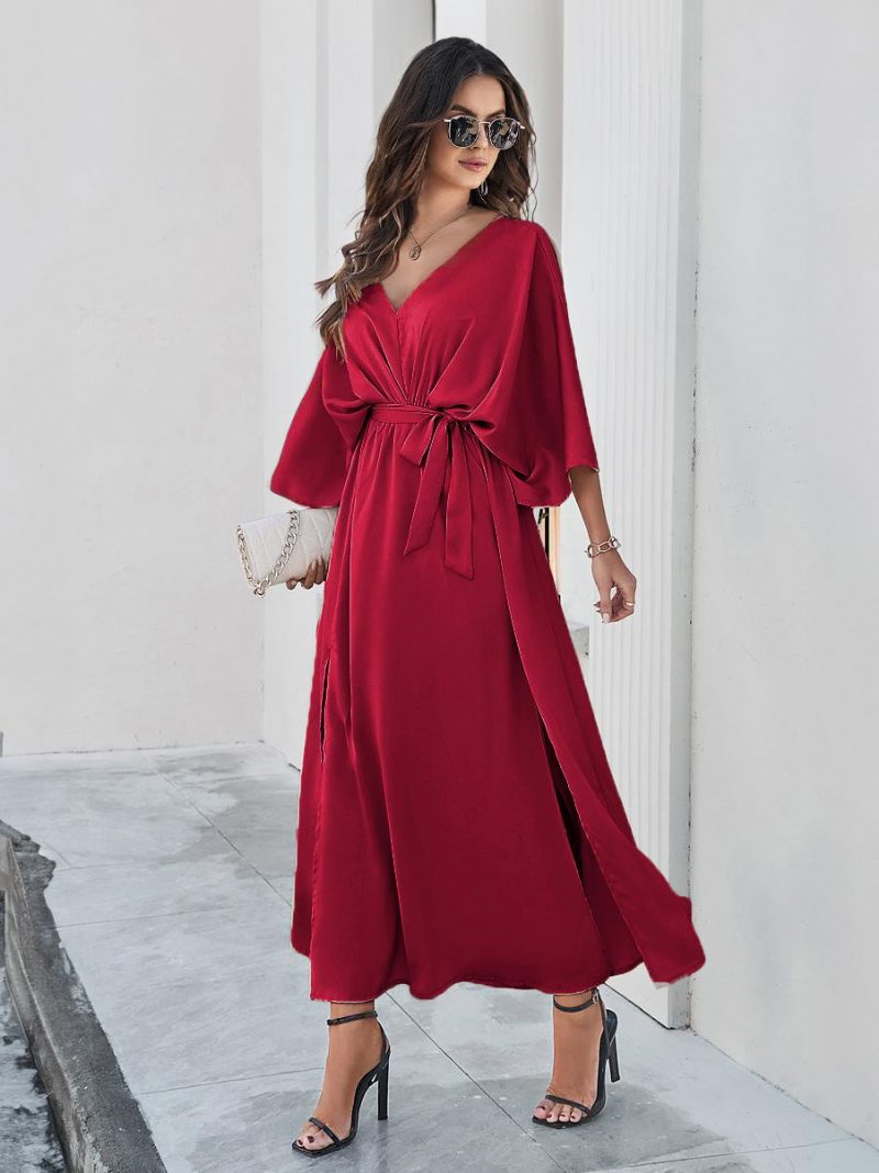 Damen-partykleid V-rücken Gürtel Dreiviertel-schlitz Elegante Maxikleider - Burgund