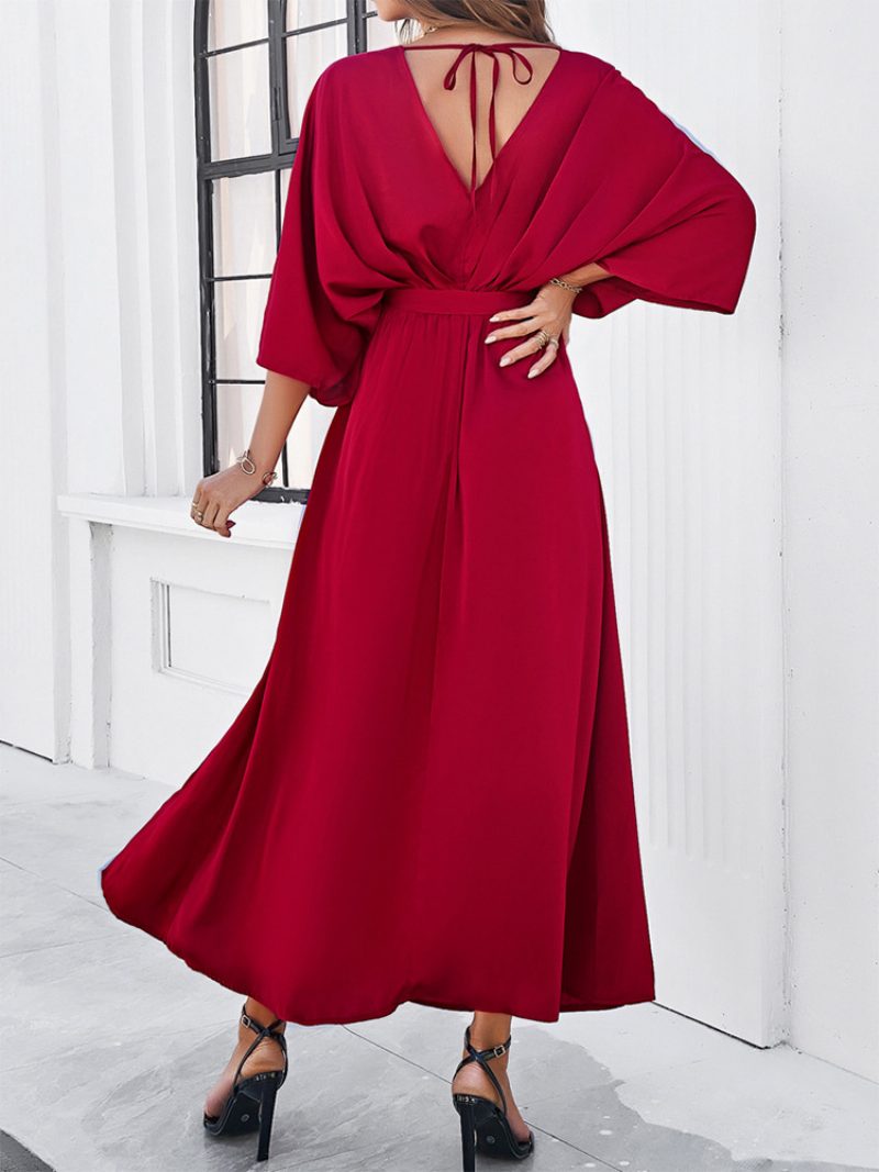 Damen-partykleid V-rücken Gürtel Dreiviertel-schlitz Elegante Maxikleider - Burgund