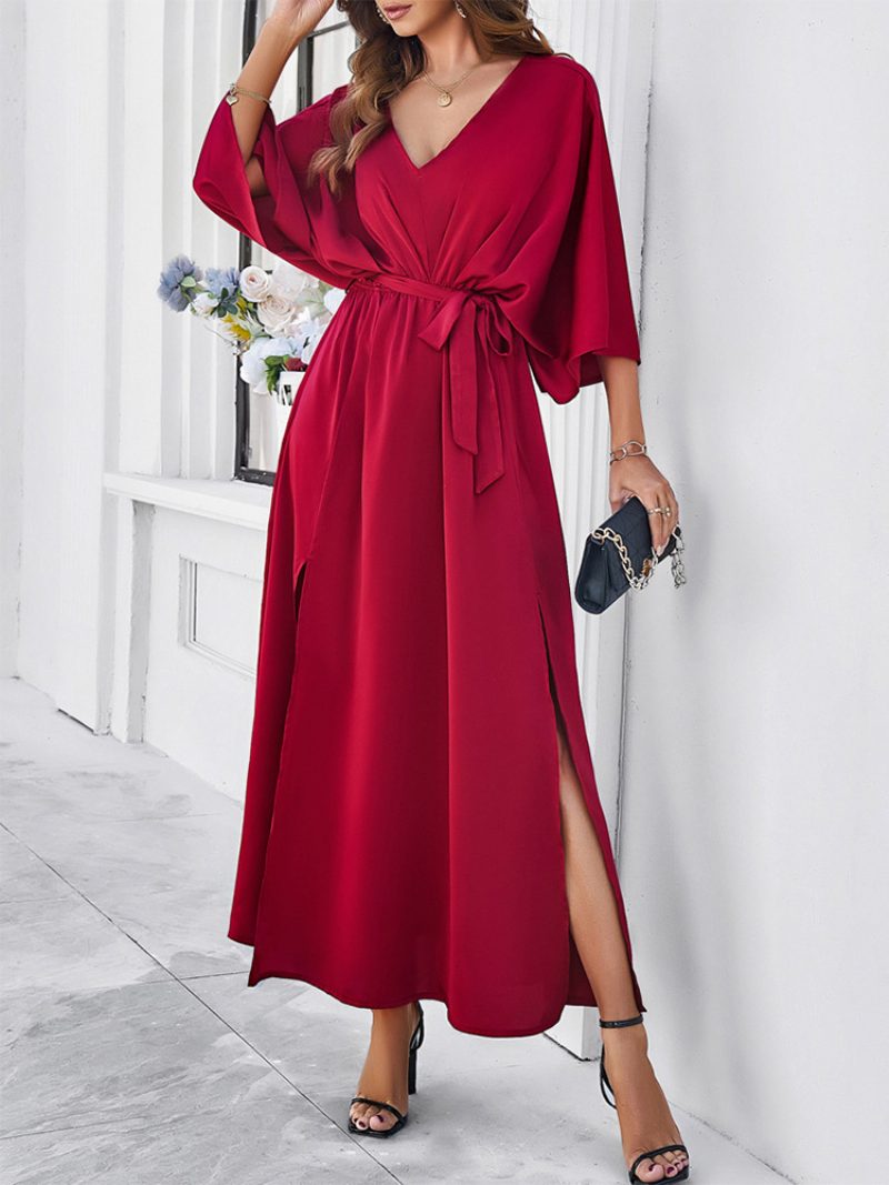 Damen-partykleid V-rücken Gürtel Dreiviertel-schlitz Elegante Maxikleider - Burgund