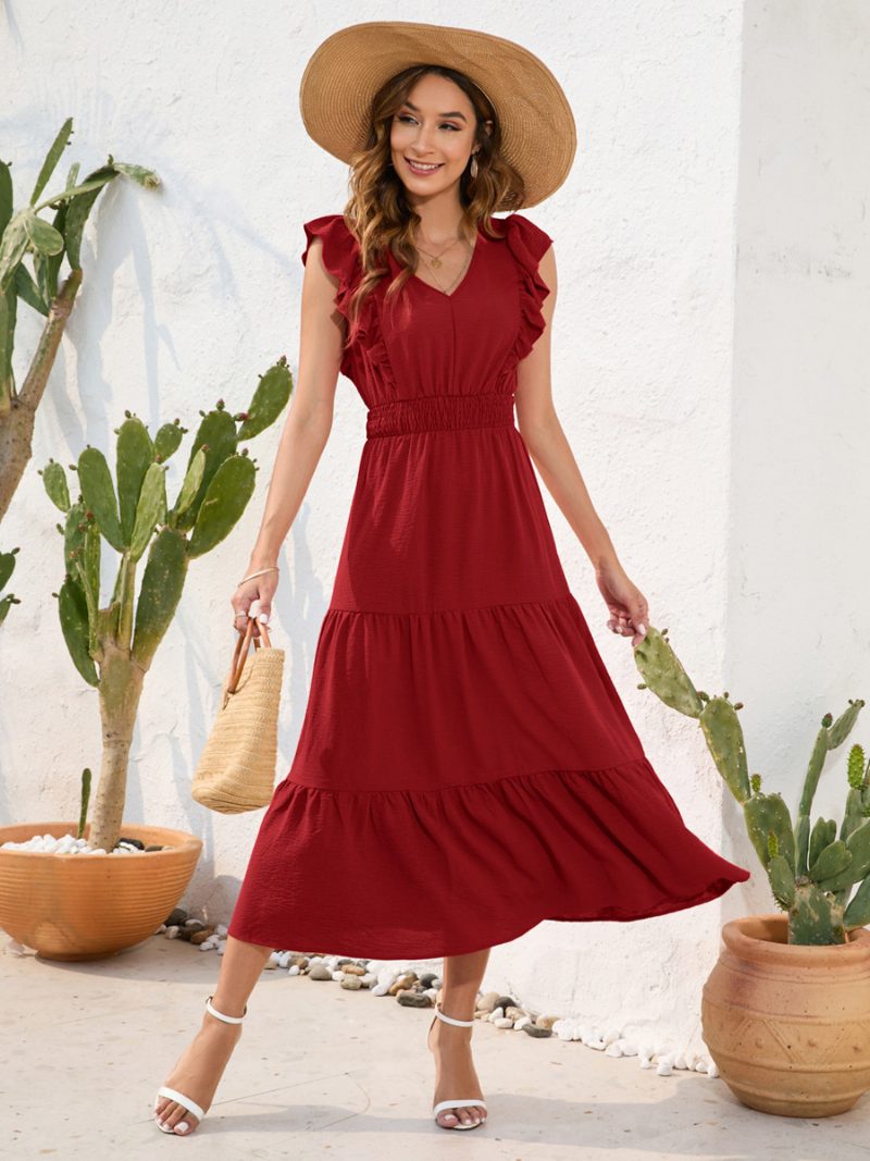 Damen-sommerkleid Gestufte Rüschen Ärmellos Elastische Taille Plissiert Lässige Midi-kleider - Burgund