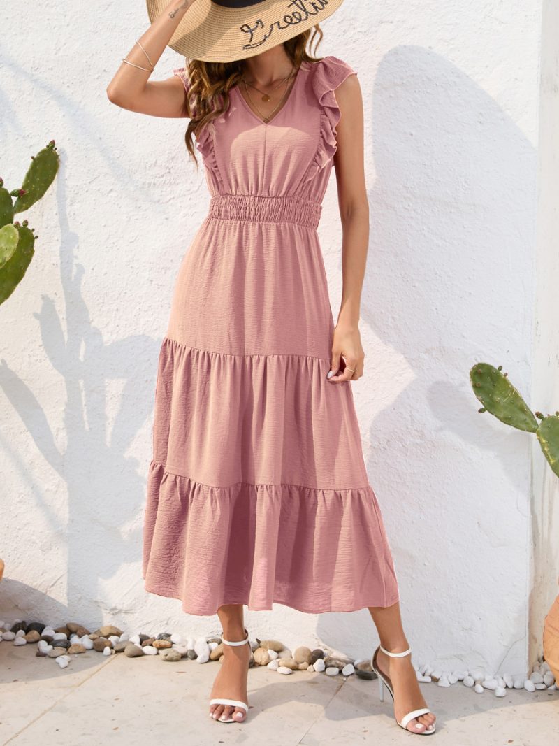 Damen-sommerkleid Gestufte Rüschen Ärmellos Elastische Taille Plissiert Lässige Midi-kleider - Rosa