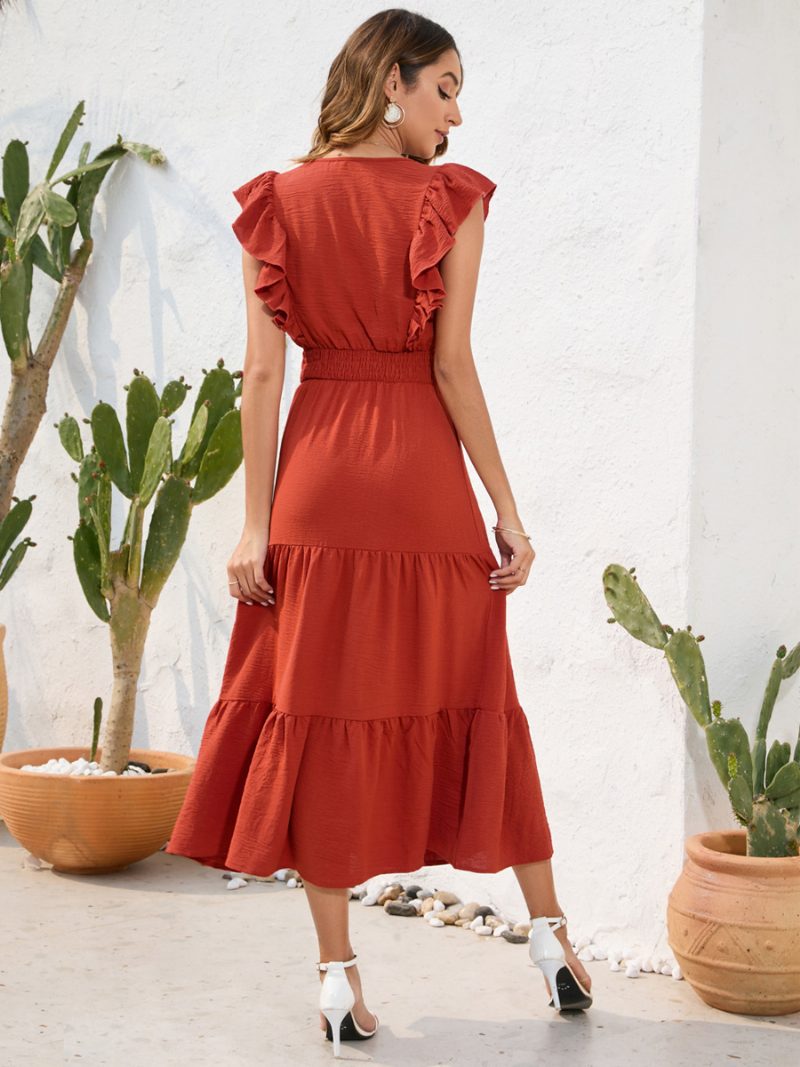 Damen-sommerkleid Gestufte Rüschen Ärmellos Elastische Taille Plissiert Lässige Midi-kleider - Orange