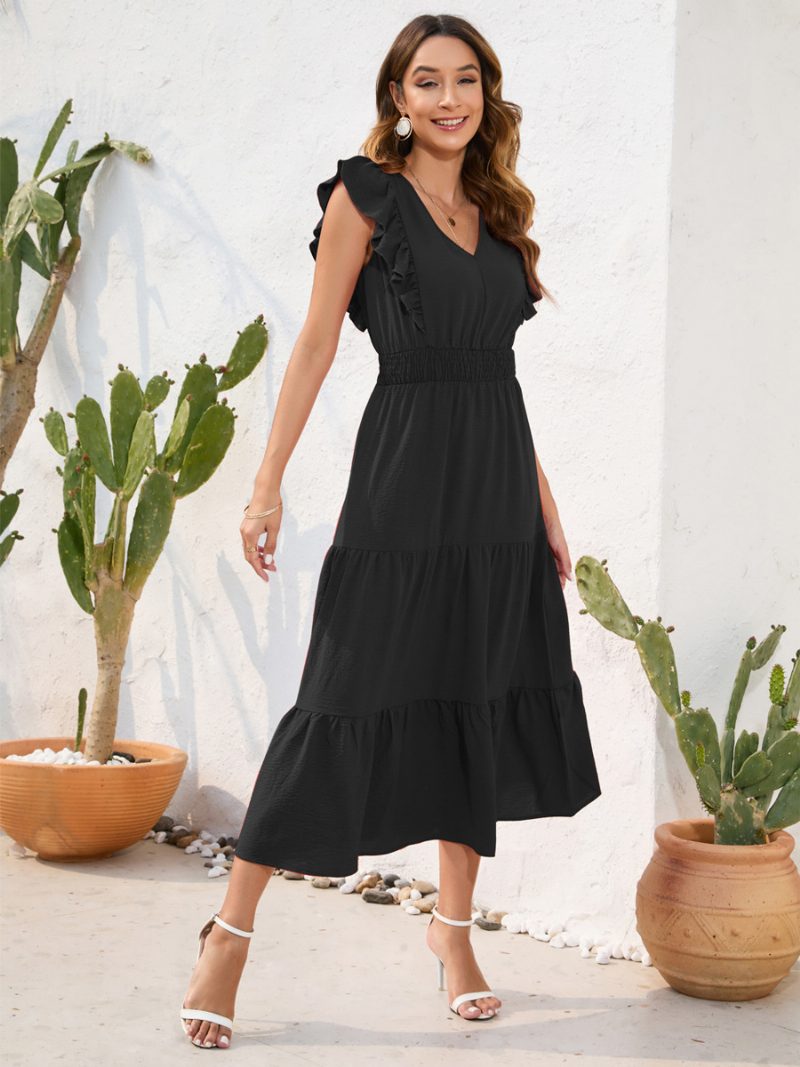 Damen-sommerkleid Gestufte Rüschen Ärmellos Elastische Taille Plissiert Lässige Midi-kleider - Schwarz