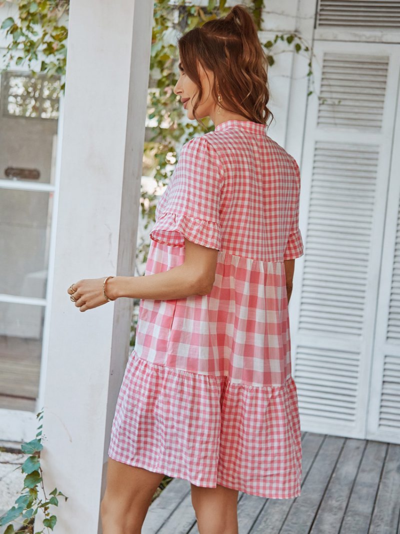 Damen Sommerkleid Kariert Rüschen Knöpfe Kurze Ärmel Lässige Sommerkleider - Rot