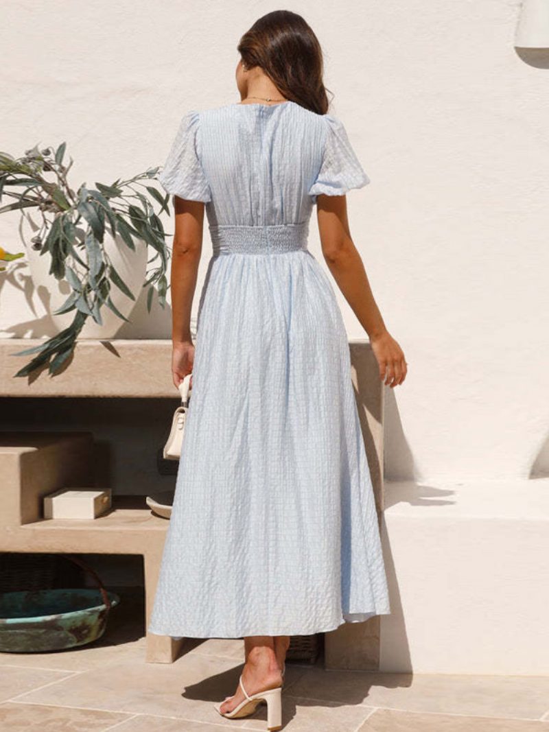 Hellhimmelblaues Sommerkleid Für Damen Mit Tiefem Ausschnitt Und Puffärmeln Lässiges Sommer-maxikleid - Helles Himmelblau