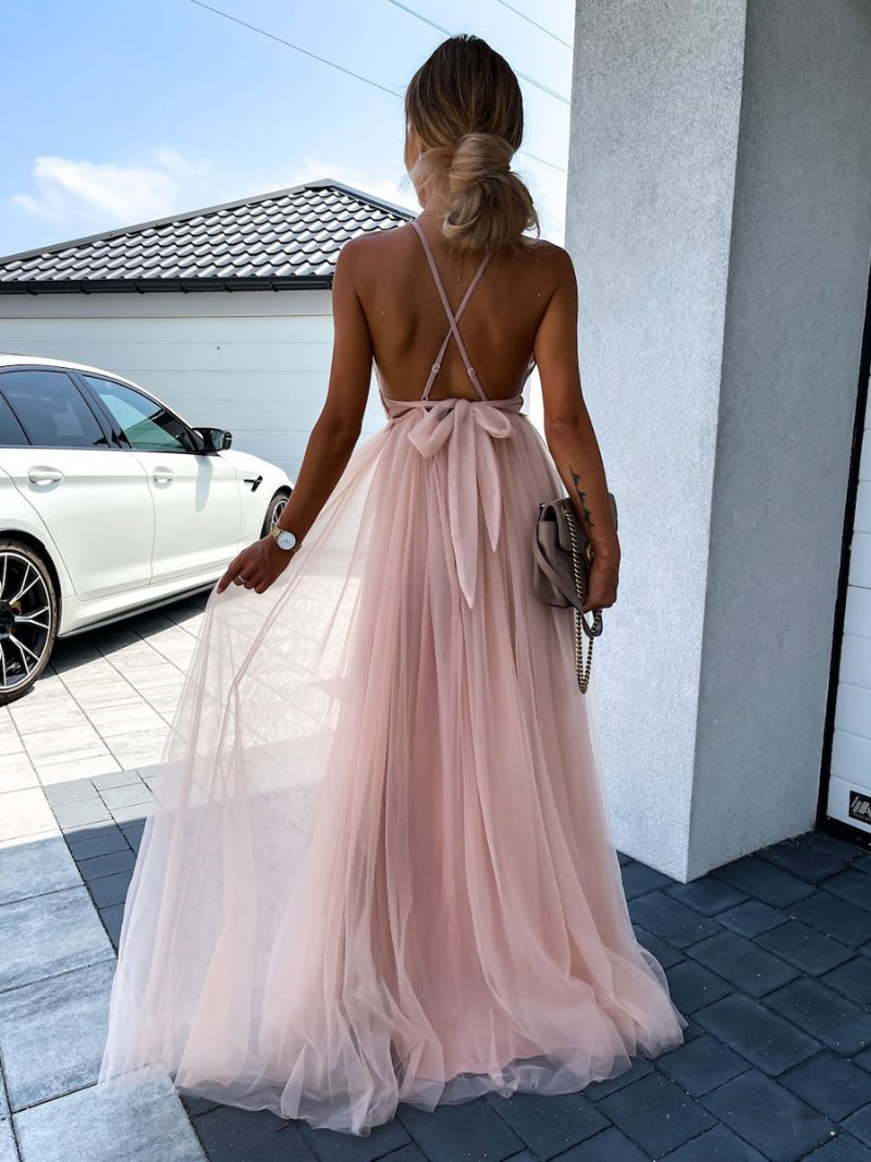 Langes Partykleid Mit V-ausschnitt Rückenfrei A-linie Geteilt Grünes Slip-abschlussballkleid Für Damen - Rosa