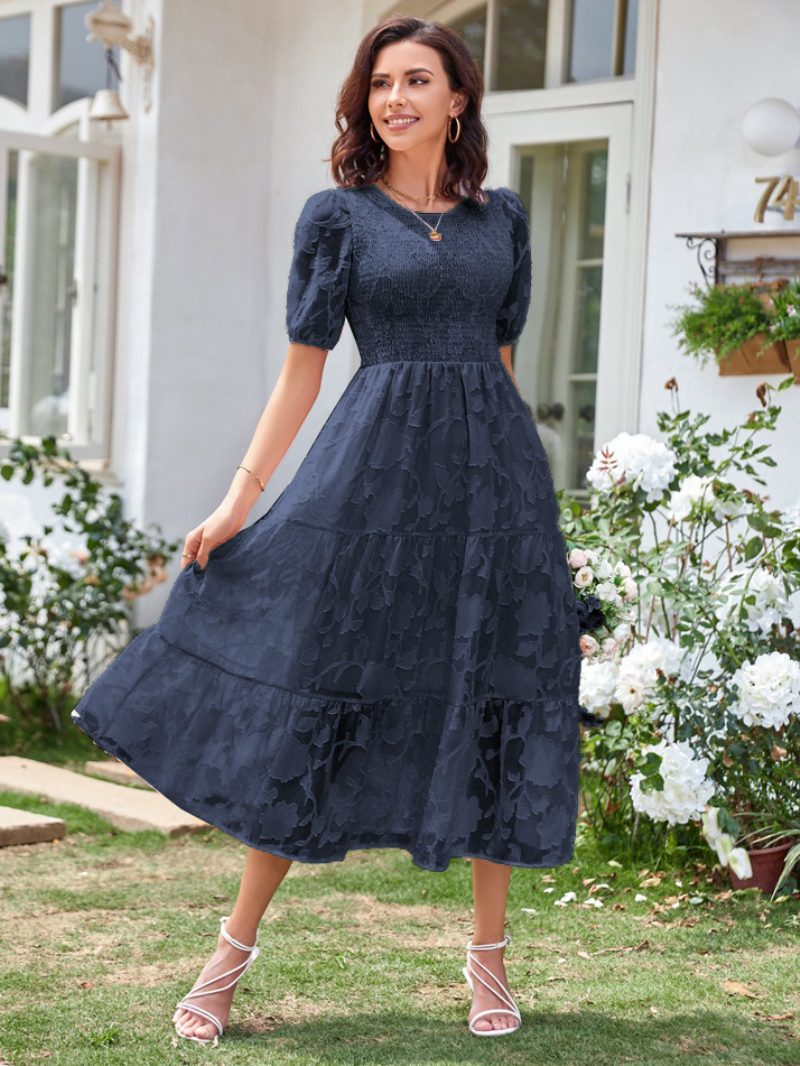 Sommer-midikleid Für Damen Ecru-weißes Strandkleid Mit Juwel-ausschnitt Und Spitze - Dunkles Marineblau