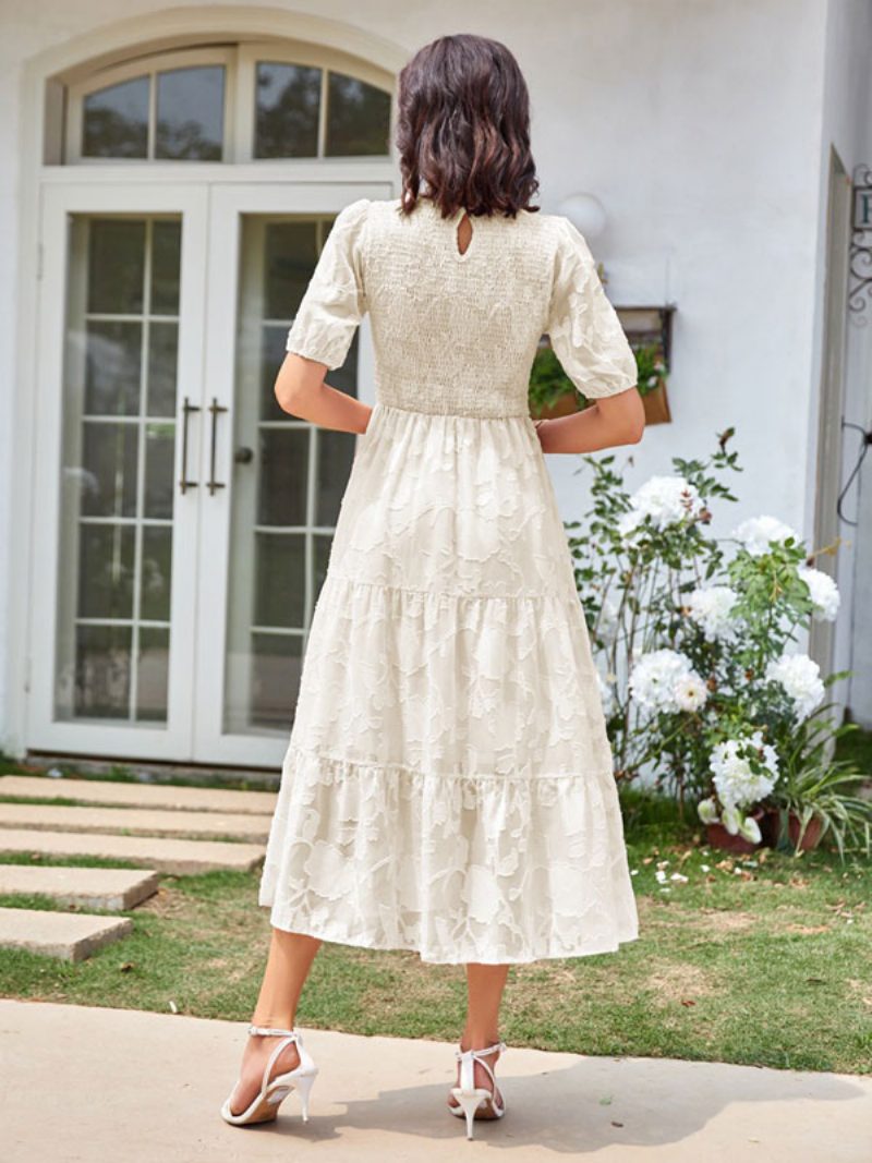 Sommer-midikleid Für Damen Ecru-weißes Strandkleid Mit Juwel-ausschnitt Und Spitze - Beige