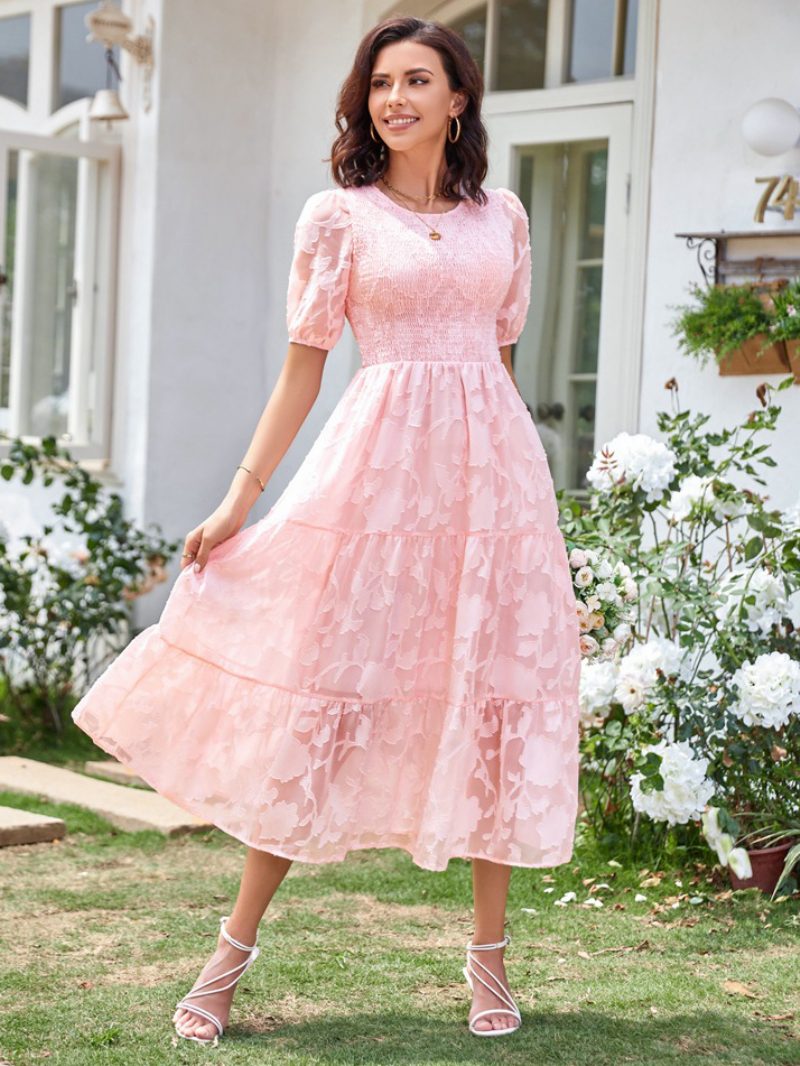 Sommer-midikleid Für Damen Ecru-weißes Strandkleid Mit Juwel-ausschnitt Und Spitze - Rosa