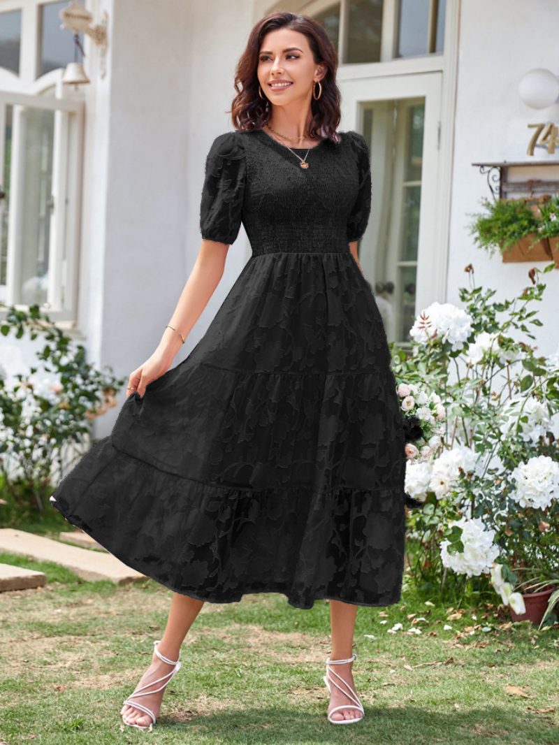 Sommer-midikleid Für Damen Ecru-weißes Strandkleid Mit Juwel-ausschnitt Und Spitze - Schwarz