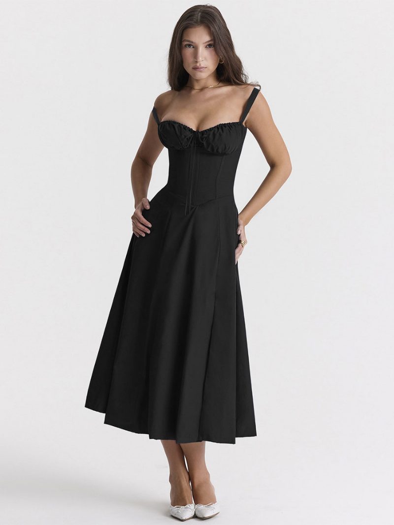 Sommer-midikleid Für Damen Goldenes One-shoulder-strandkleid Mit Schnürung - Schwarz