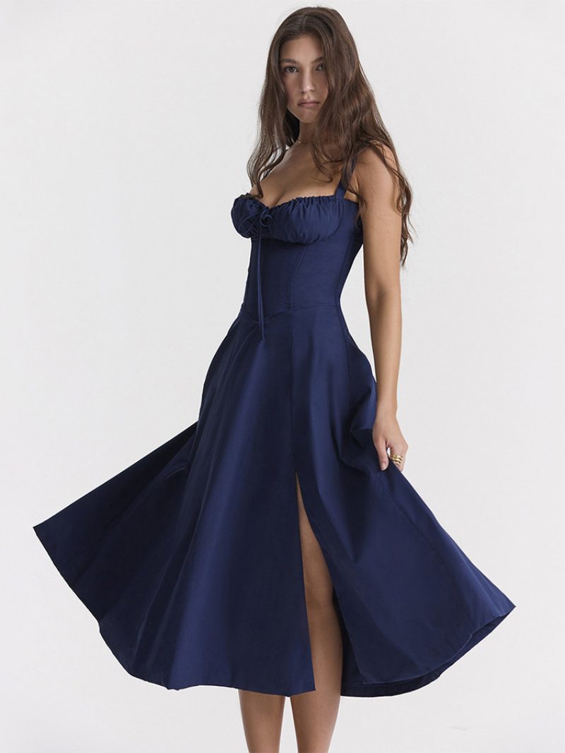 Sommerkleid Ärmelloses Trägerhals-chic-schnür-midikleid Für Damen - Dunkles Marineblau