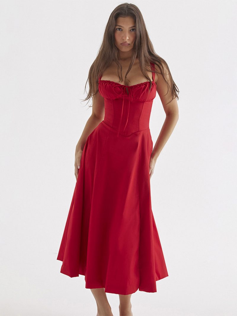 Sommerkleid Ärmelloses Trägerhals-chic-schnür-midikleid Für Damen - Rot