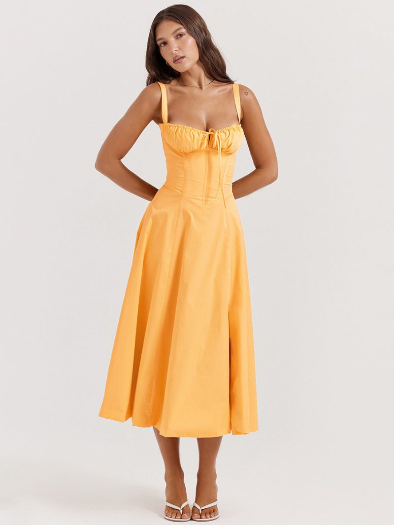 Sommerkleid Ärmelloses Trägerhals-chic-schnür-midikleid Für Damen - Orange