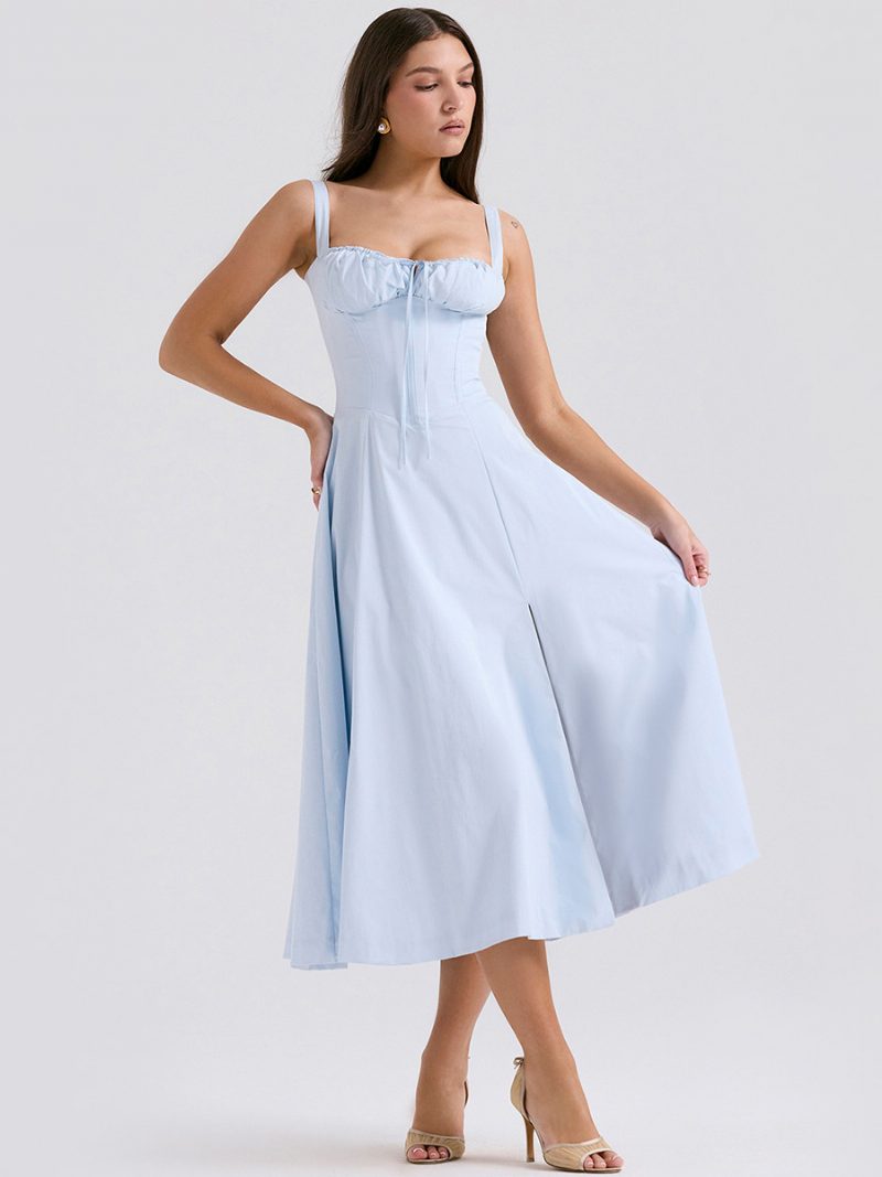 Sommerkleid Ärmelloses Trägerhals-chic-schnür-midikleid Für Damen - Helles Himmelblau