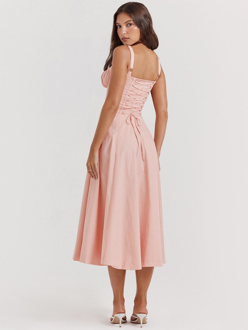 Sommerkleid Ärmelloses Trägerhals-chic-schnür-midikleid Für Damen - Rosa