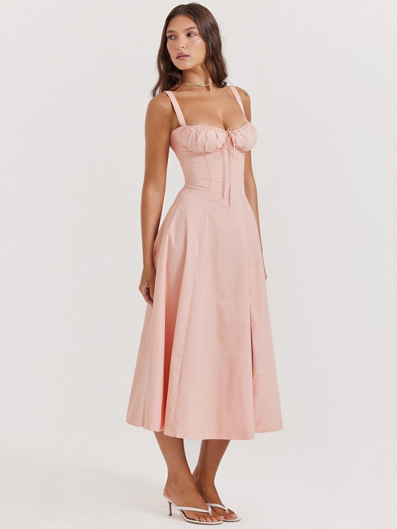 Sommerkleid Ärmelloses Trägerhals-chic-schnür-midikleid Für Damen - Rosa