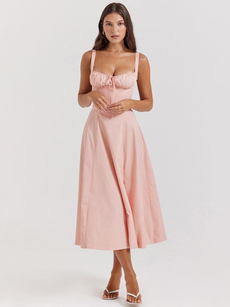 Sommerkleid Ärmelloses Trägerhals-chic-schnür-midikleid Für Damen - Rosa