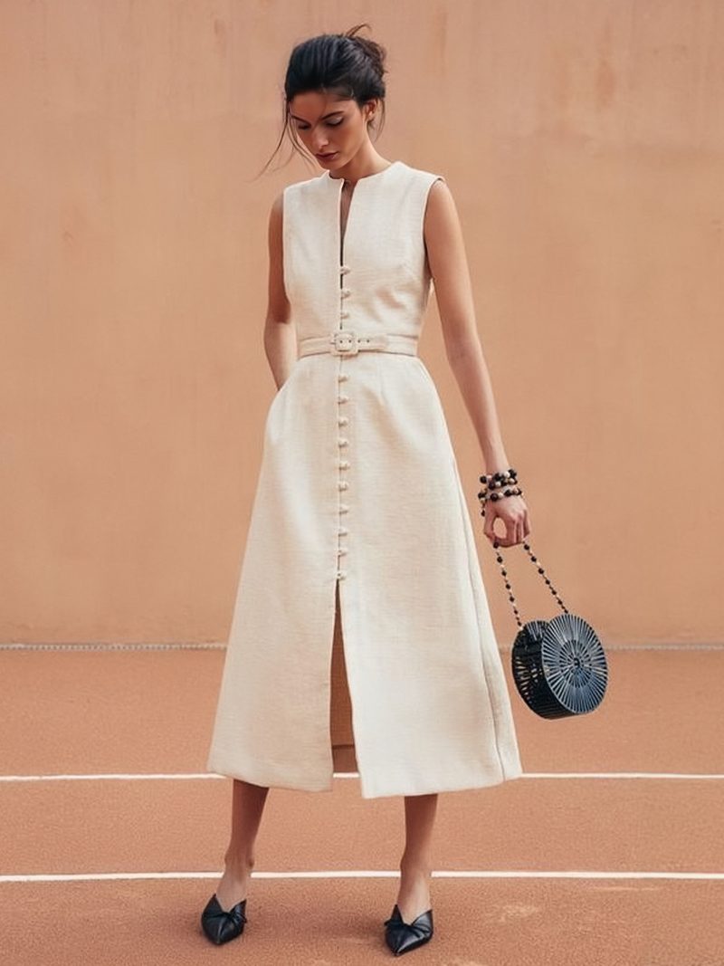 Sommerkleid Für Damen Midikleid Weiß Gestalteter Ausschnitt Knöpfe Strandkleid Aus Baumwollleinen - Weiß