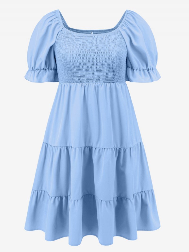 Sommerkleid Für Damen Minikleider Hellhimmelblau Bateau-ausschnitt Plissiertes Polyester-strandkleid - Helles Himmelblau