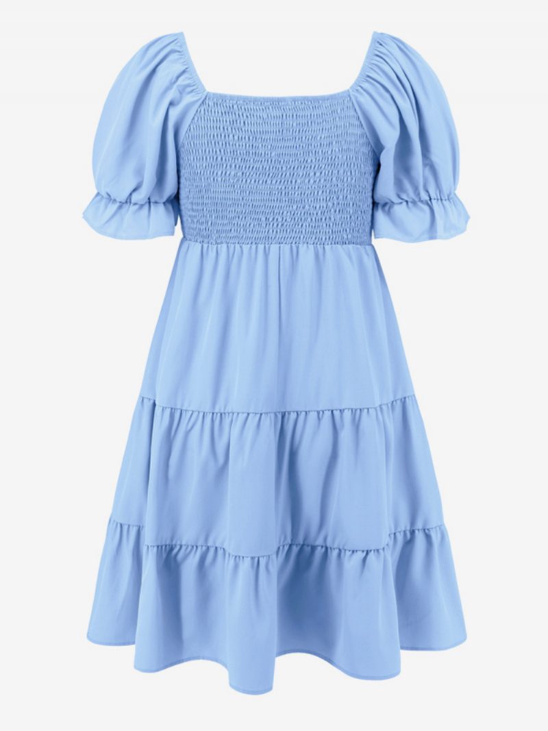 Sommerkleid Für Damen Minikleider Hellhimmelblau Bateau-ausschnitt Plissiertes Polyester-strandkleid - Helles Himmelblau