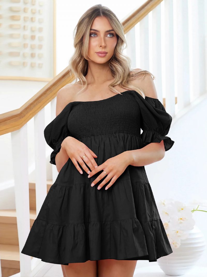 Sommerkleid Für Damen Minikleider Hellhimmelblau Bateau-ausschnitt Plissiertes Polyester-strandkleid - Schwarz