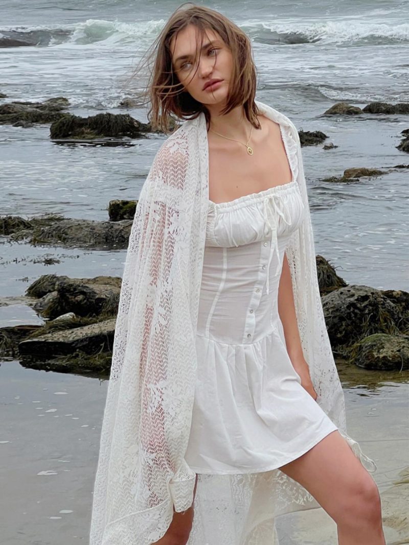 Sommerkleid Für Damen Minikleider Weiße Träger Ausschnitt Schärpe Strandkleid Aus Baumwolle - Weiß