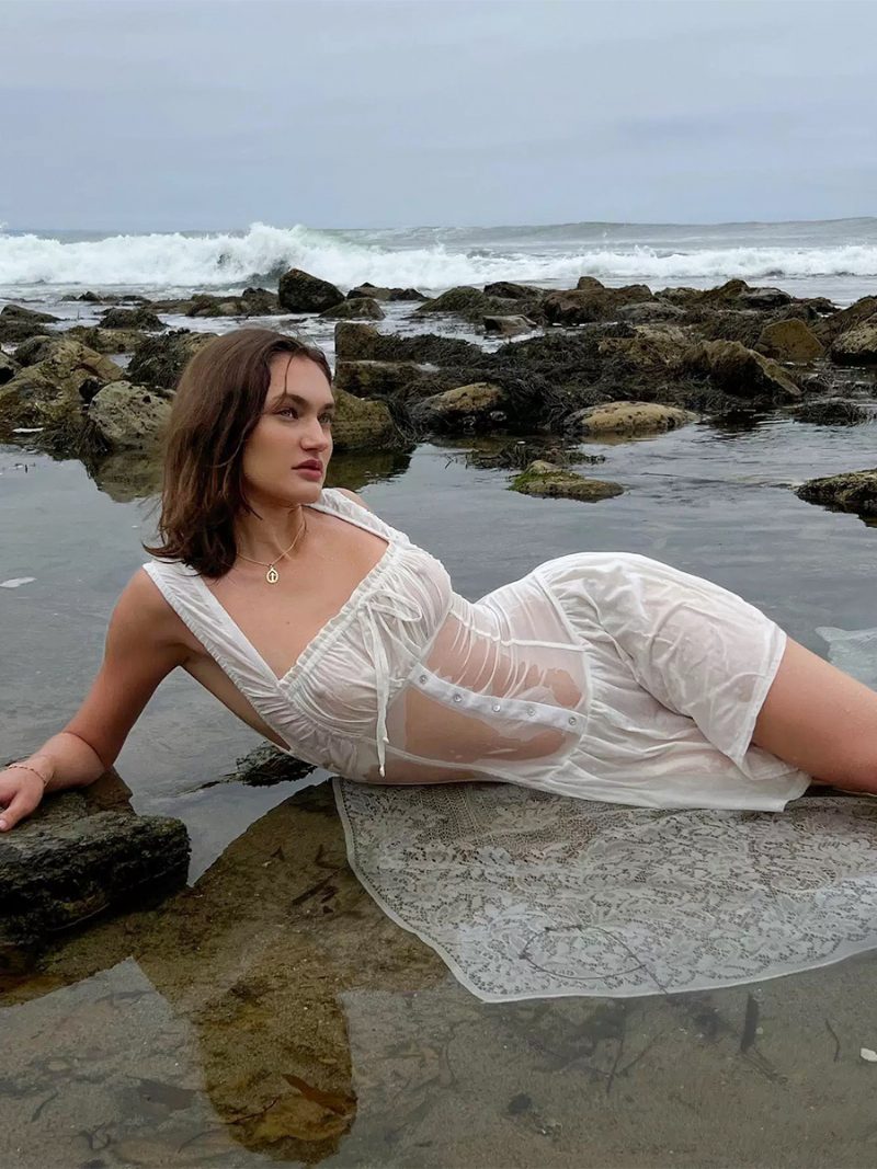 Sommerkleid Für Damen Minikleider Weiße Träger Ausschnitt Schärpe Strandkleid Aus Baumwolle - Weiß