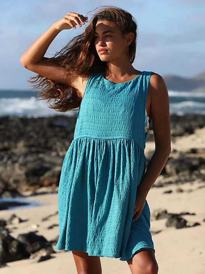 Sommerkleid Für Damen Mit Juwel-ausschnitt Plissiert Übergroß Cyanblau Kurzes Strandkleid