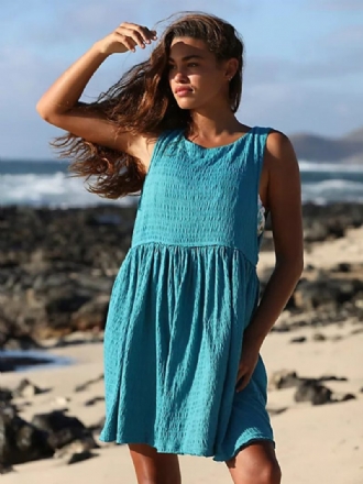 Sommerkleid Für Damen Mit Juwel-ausschnitt Plissiert Übergroß Cyanblau Kurzes Strandkleid