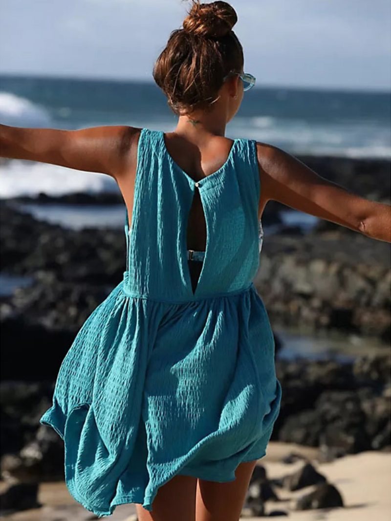 Sommerkleid Für Damen Mit Juwel-ausschnitt Plissiert Übergroß Cyanblau Kurzes Strandkleid - Cyanblau