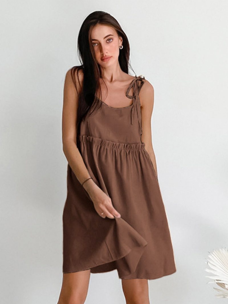 Sommerkleid Für Damen Mit Trägern Schnürung Übergroß Ecruweiß Kurzes Strandkleid - Kaffeebraun