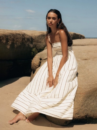 Sommerkleid Für Damen Träger Ausschnitt Streifen Rückenfrei Aprikose Langes Strandkleid