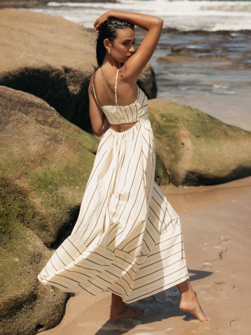 Sommerkleid Für Damen Träger Ausschnitt Streifen Rückenfrei Aprikose Langes Strandkleid - Hellgelb