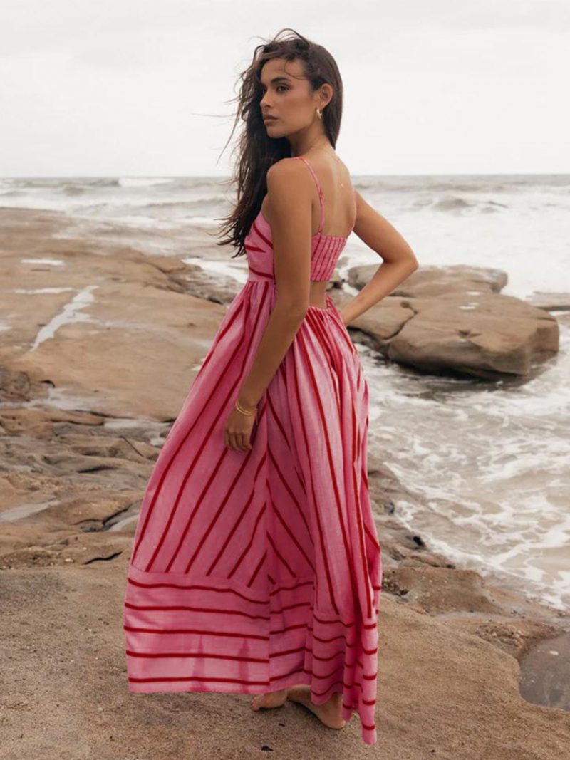 Sommerkleid Für Damen Träger Ausschnitt Streifen Rückenfrei Aprikose Langes Strandkleid - Rot