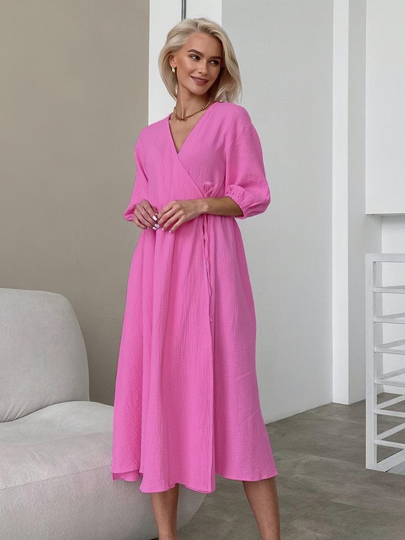 Sommerkleid Für Damen V-ausschnitt Schnürung Übergroß Hellhimmelblau Langes Strandkleid - Rose