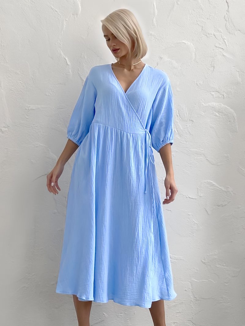 Sommerkleid Für Damen V-ausschnitt Schnürung Übergroß Hellhimmelblau Langes Strandkleid - Helles Himmelblau