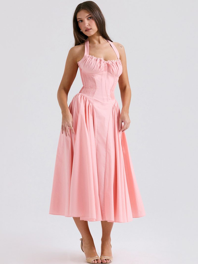 Sommerkleid Für Damen Verstellbare Träger Schnürung Neckholder Ärmellos Schickes Midikleid - Rosa