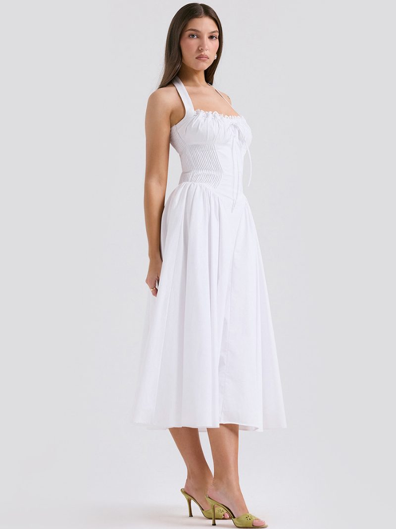 Sommerkleid Für Damen Verstellbare Träger Schnürung Neckholder Ärmellos Schickes Midikleid - Weiß