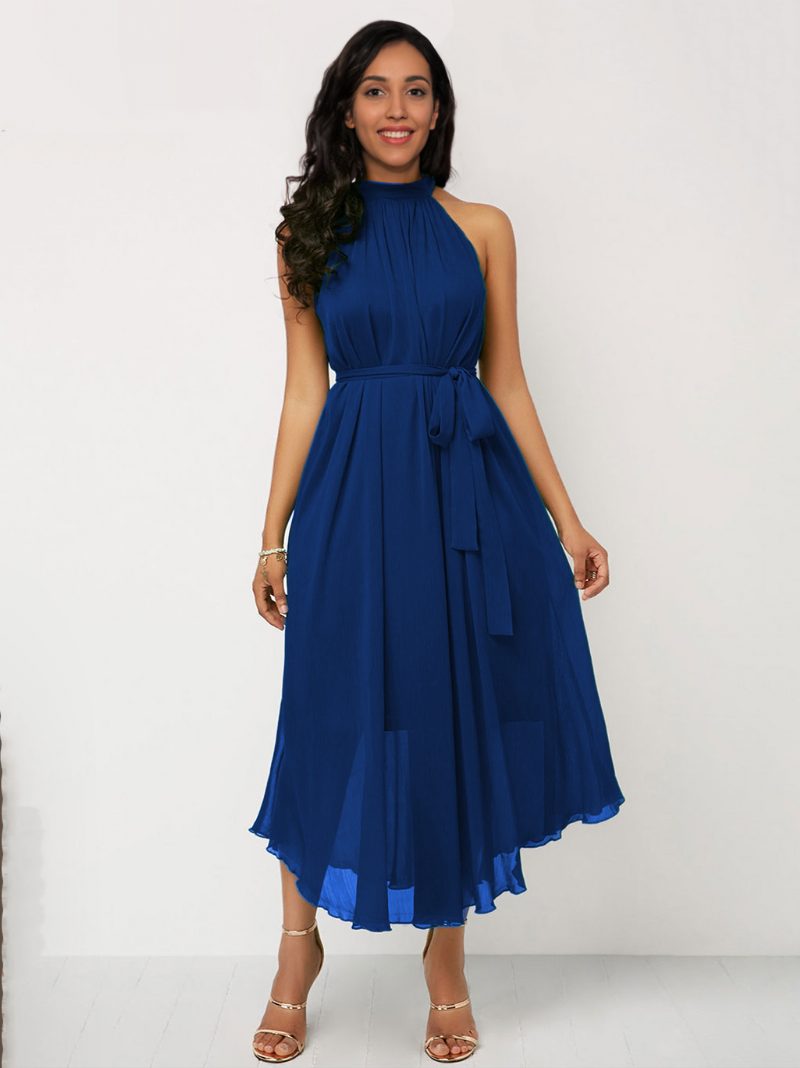 Unregelmäßiges Kleid Für Damen Neckholder Ärmellos Midi-abschlusskleid Mit Gürtel Und Einfarbig - Blau