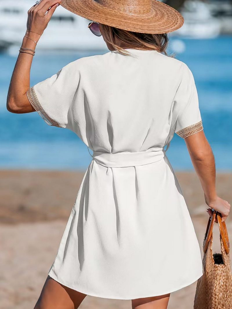 Weißes Sommerkleid Für Damen V-ausschnitt Hohl Kurze Ärmel Lässige Kleider - Weiß