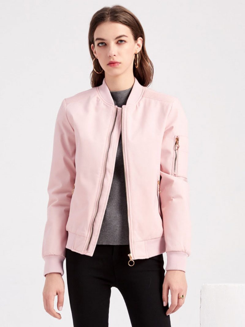 Bomberjacke Rosa Lässige Baseballjacke Einfarbig Stehkragen Reißverschluss Frühling Herbst Straßenoberbekleidung Für Damen - Rosa