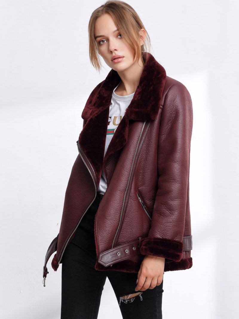 Damen Lederjacke Faux Shearling Pu Moto Jacke Winter Oberbekleidung - Burgund