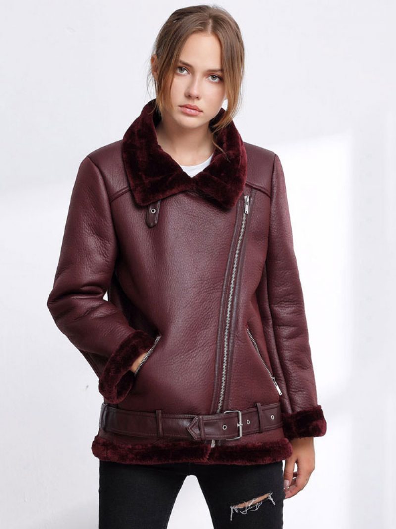 Damen Lederjacke Faux Shearling Pu Moto Jacke Winter Oberbekleidung - Burgund